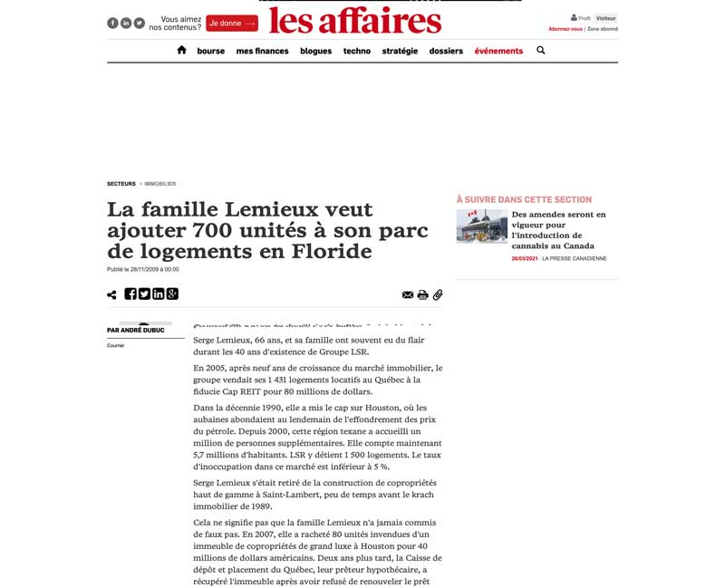 La famille Lemieux veut ajouter 700 unités à son parc de logements en Floride